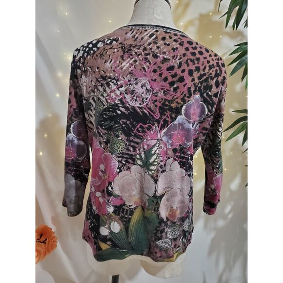 Vtg Jess & Jane Studded Bling Orchids Art to Wear Top Womens Size M 90s Y2K - Picture 3 of 9